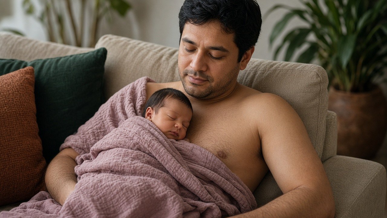Dad holding his sleeping newborn skin-to-skin under a mauve muslin blanket