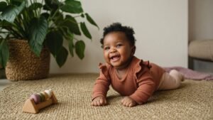 Smiling baby girl doing tummy time on a woven rug beside a green plant