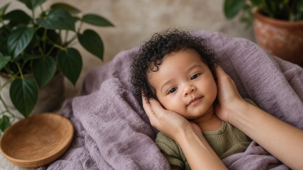 Calm curly-haired baby on a mauve blanket with her head gently supported