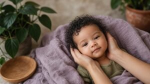 Calm curly-haired baby on a mauve blanket with her head gently supported