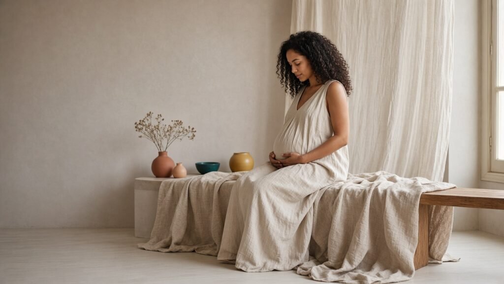 A pregnant woman resting her hands on her belly while seated on a linen-covered bench in soft window light