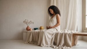 A pregnant woman resting her hands on her belly while seated on a linen-covered bench in soft window light