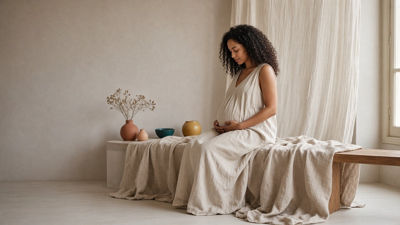 A pregnant woman resting her hands on her belly while seated on a linen-covered bench in soft window light