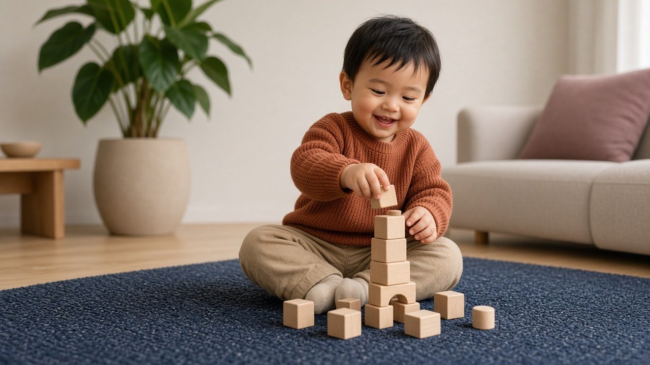 Happy toddler in a rust sweater stacking wooden blocks on a navy rug