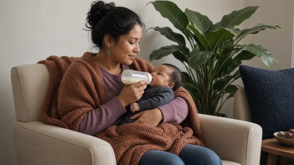 Mother bottle-feeding her baby in an armchair wrapped in a rust knit throw