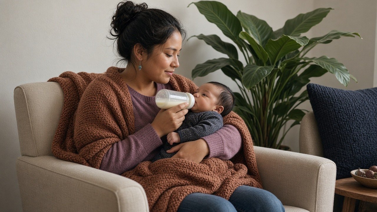 Mother bottle-feeding her baby in an armchair wrapped in a rust knit throw
