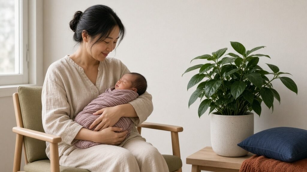 A mother cradling her swaddled newborn in a light-wood chair beside a green plant