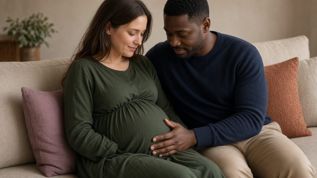 Expecting couple on a sofa with his hand resting on her third-trimester belly