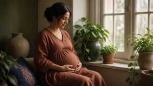 Pregnant woman in a rust linen dress cradling her belly by a sunlit window