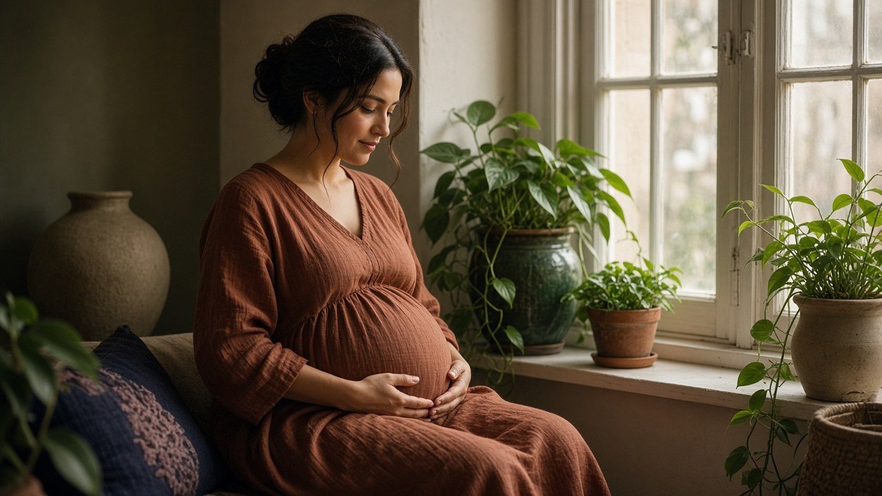 Pregnant woman in a rust linen dress cradling her belly by a sunlit window