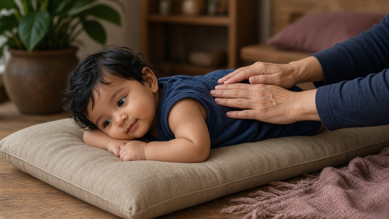 Gentle hands resting on the back of a relaxed baby lying on a linen cushion